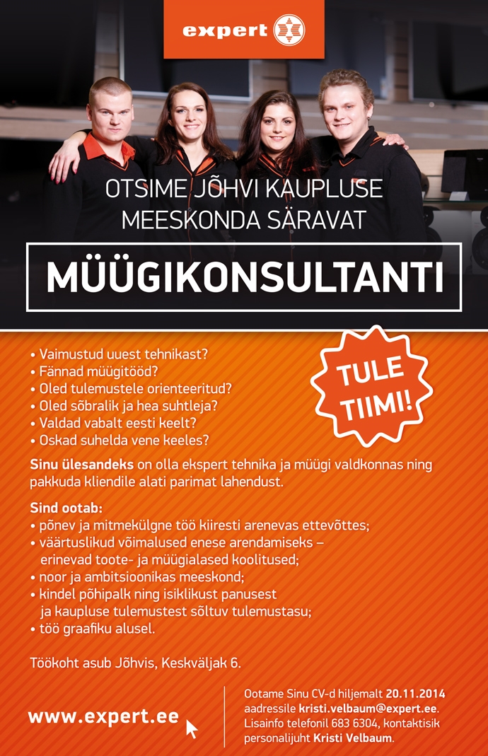 Expert Eesti OÜ Müügikonsultant Jõhvi Experti kauplusesse