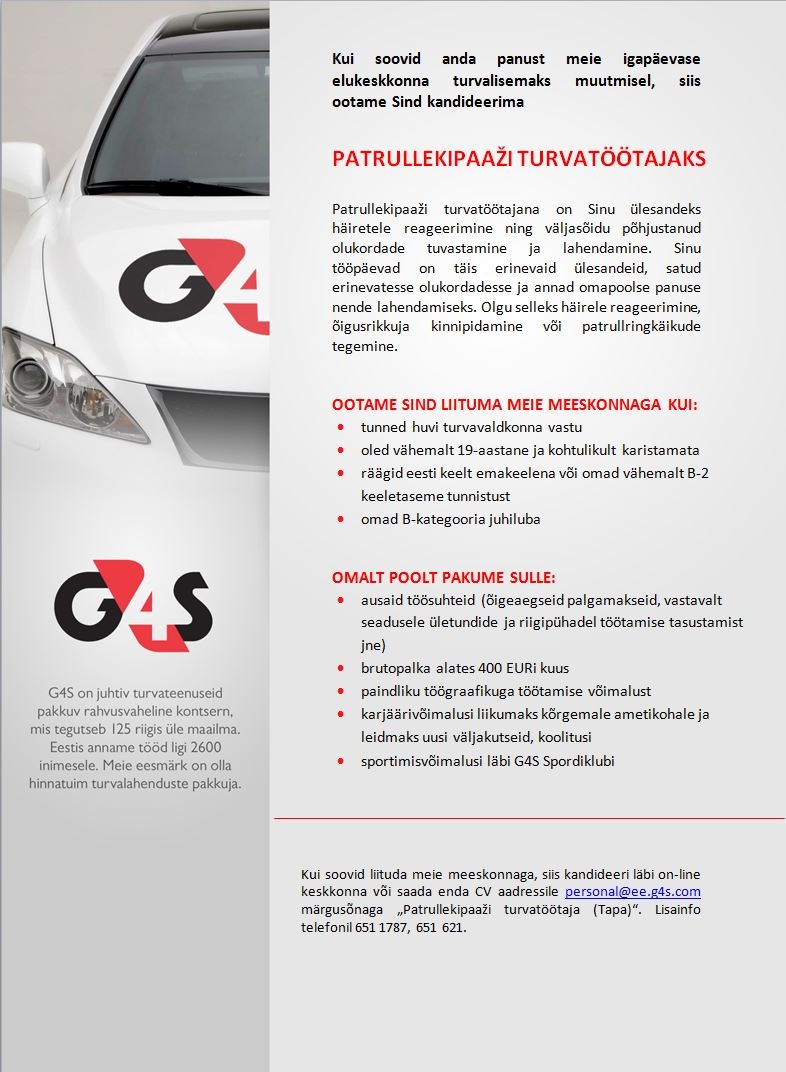 AS G4S Eesti Patrullekipaaži turvatöötaja (Tapa)