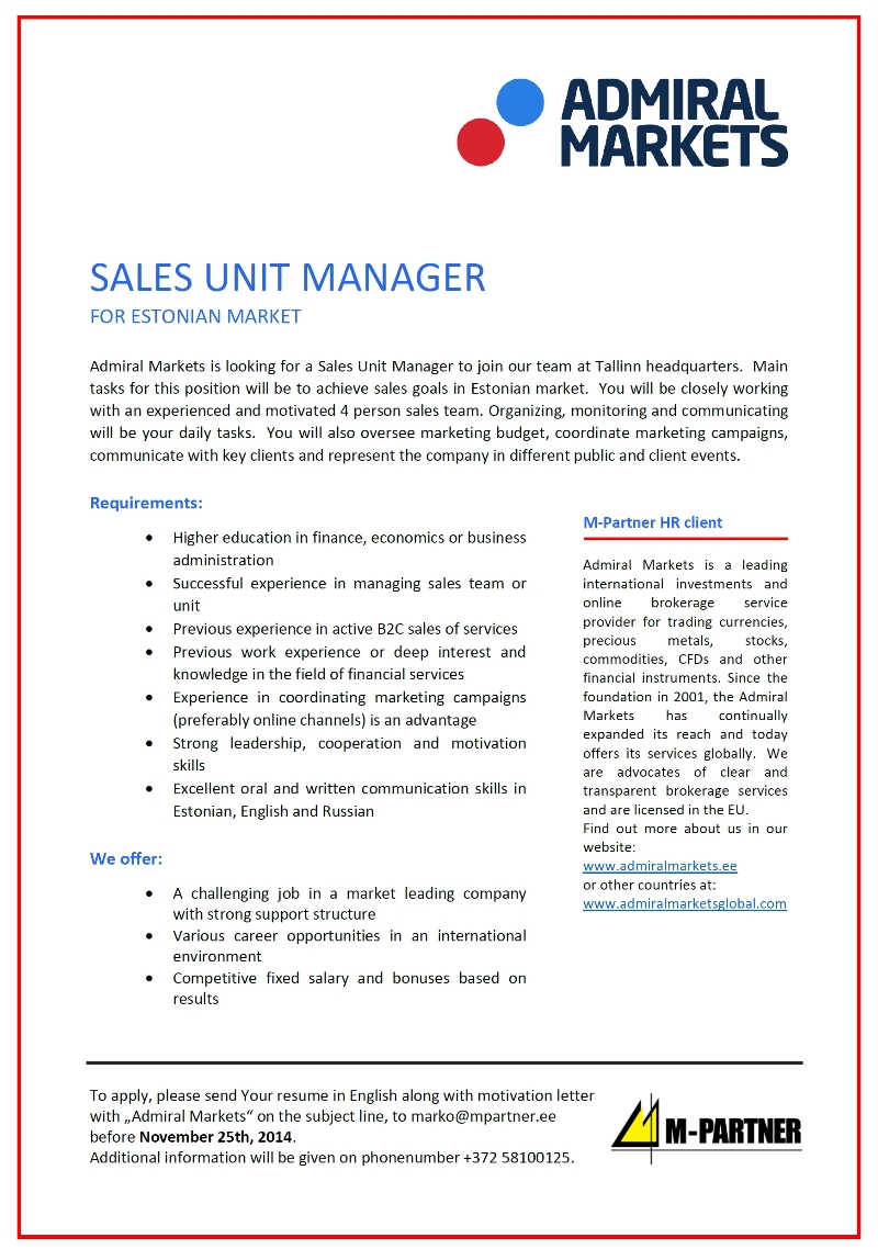 M-Partner HR OÜ Sales Unit Manager