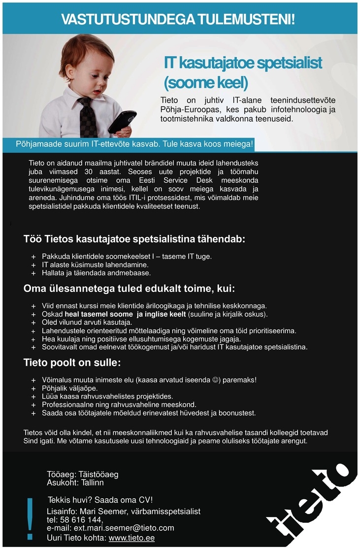 Tieto Estonia AS IT kasutajatoe spetsialist (soome keel)