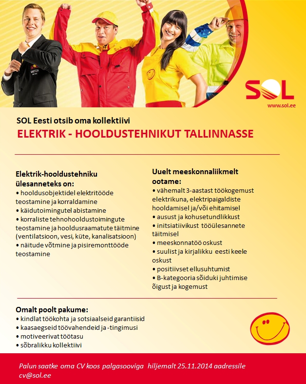 SOL Eesti OÜ Elektrik-hooldustehnik