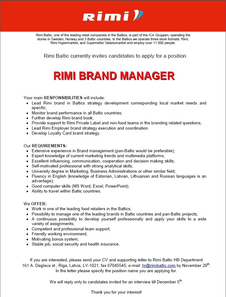 Rimi Eesti Food AS RIMI Brand Manager
