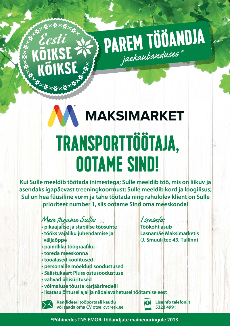 ETK Jaekaubandus AS Transporttöötaja (Lasnamäe Maksimarket)