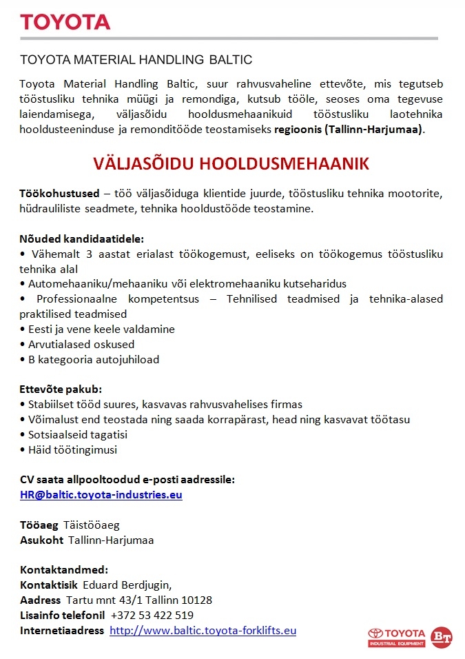 Toyota Material Handling Baltic SIA VÄLJASÕIDU HOOLDUSMEHAANIK