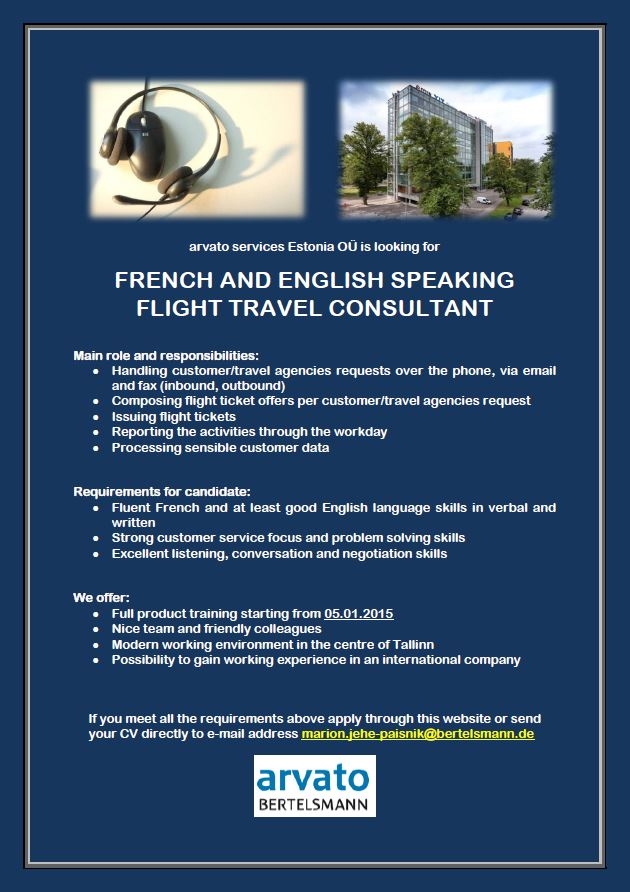 Arvato Services Estonia OÜ French and English Speaking Flight Travel Consultant