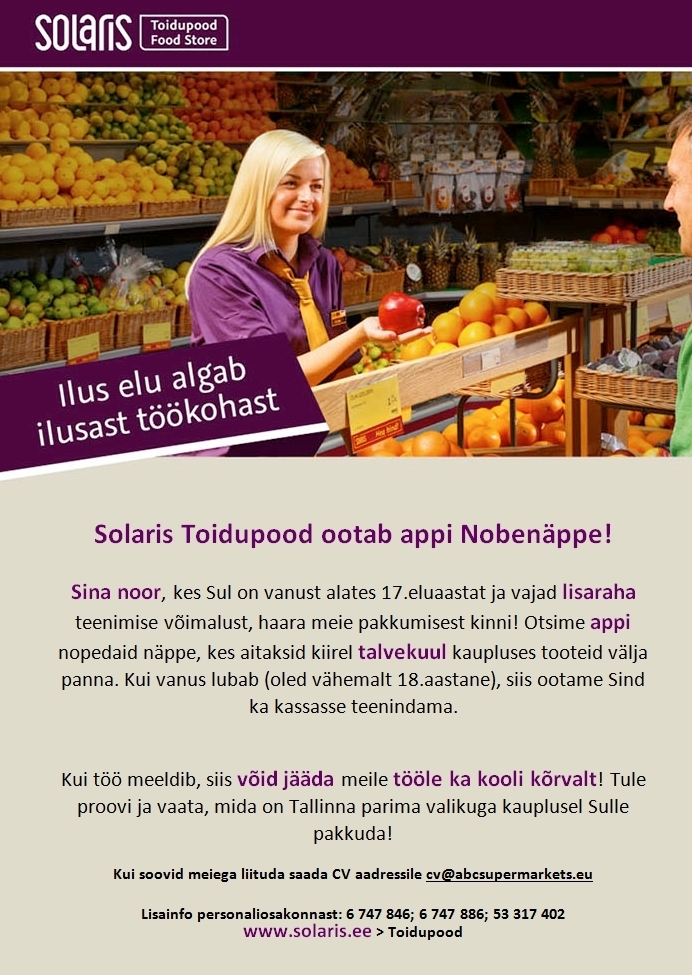 Abc Supermarkets AS Solaris Toidupood ootab nobenäppe!