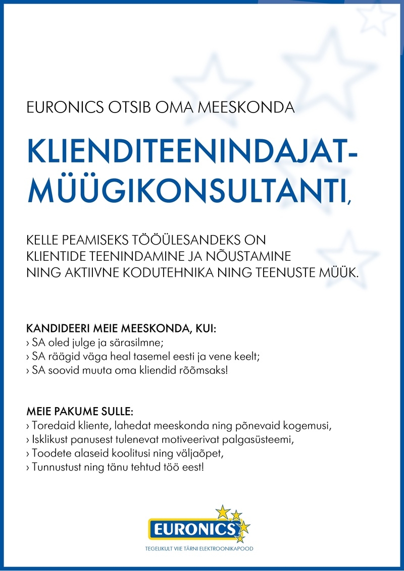 CVKeskus.ee klient Klienditeenindaja-müügikonsultant Narva Euronics esinduses