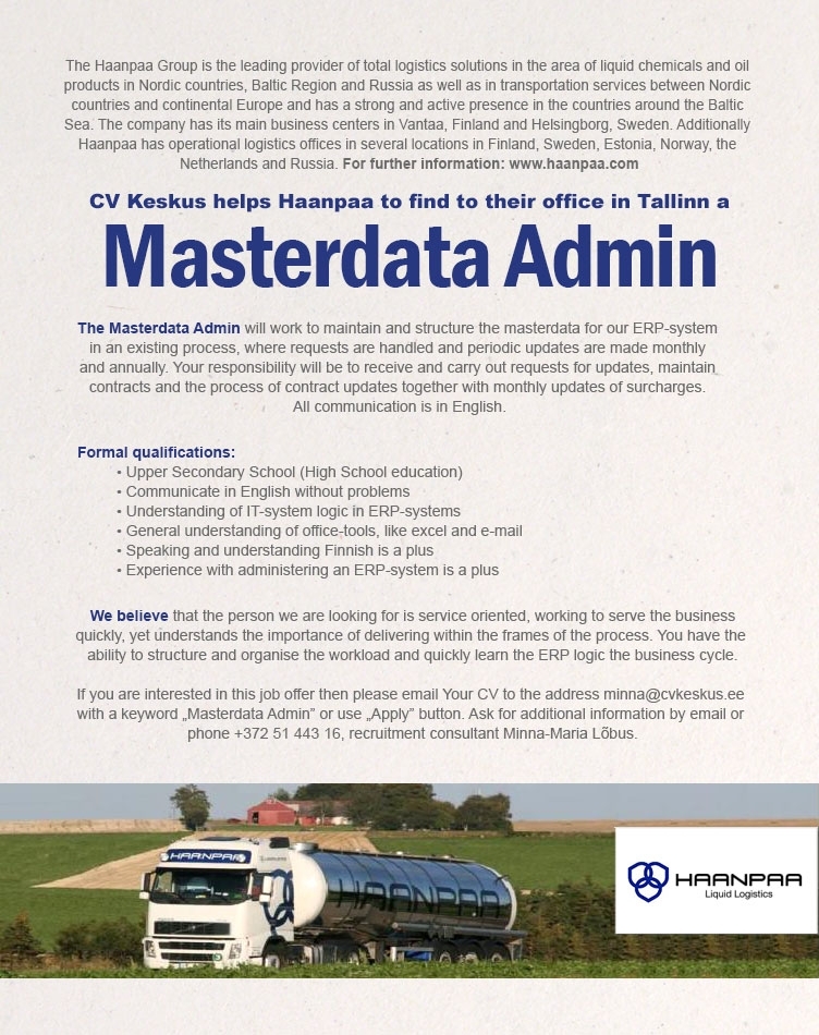 CV KESKUS OÜ Haanpaa is looking for Masterdata Admin