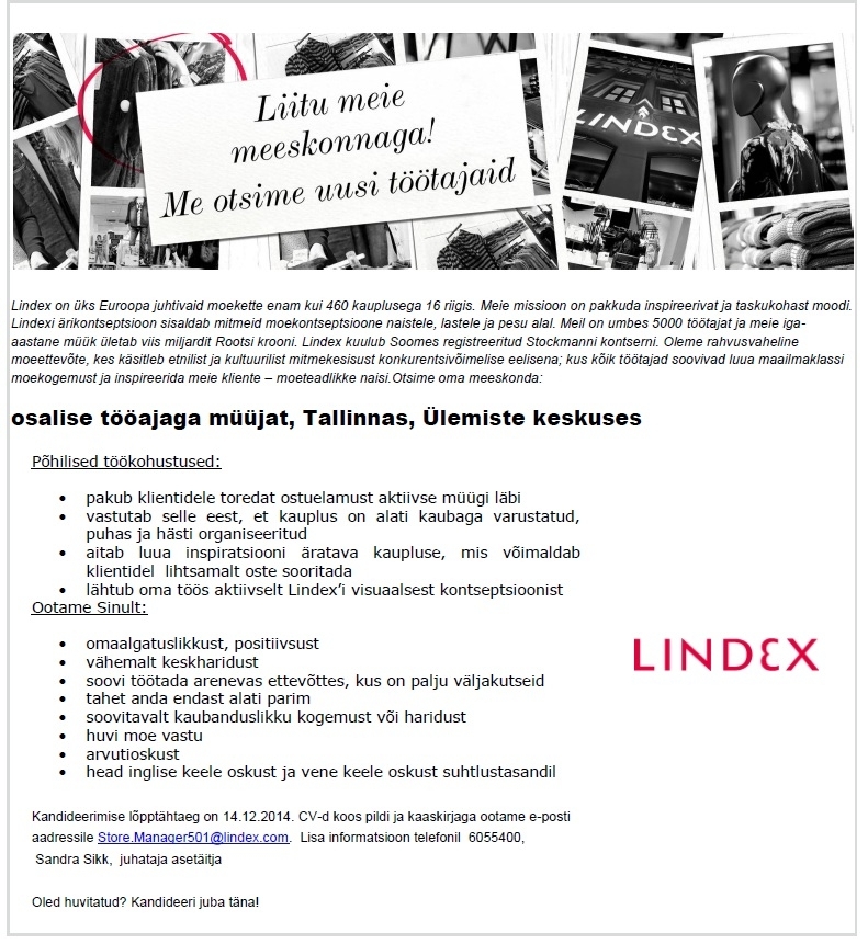 Lindex Eesti OÜ Lindex kaupluse osalise tööajaga müüja (Tallinn, Ülemiste keskus)