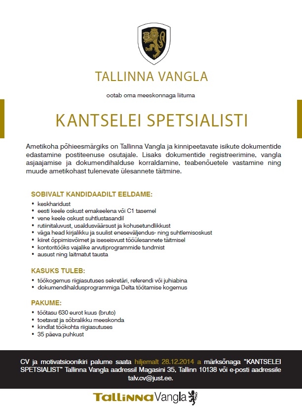 Tallinna Vangla Kantselei spetsialist