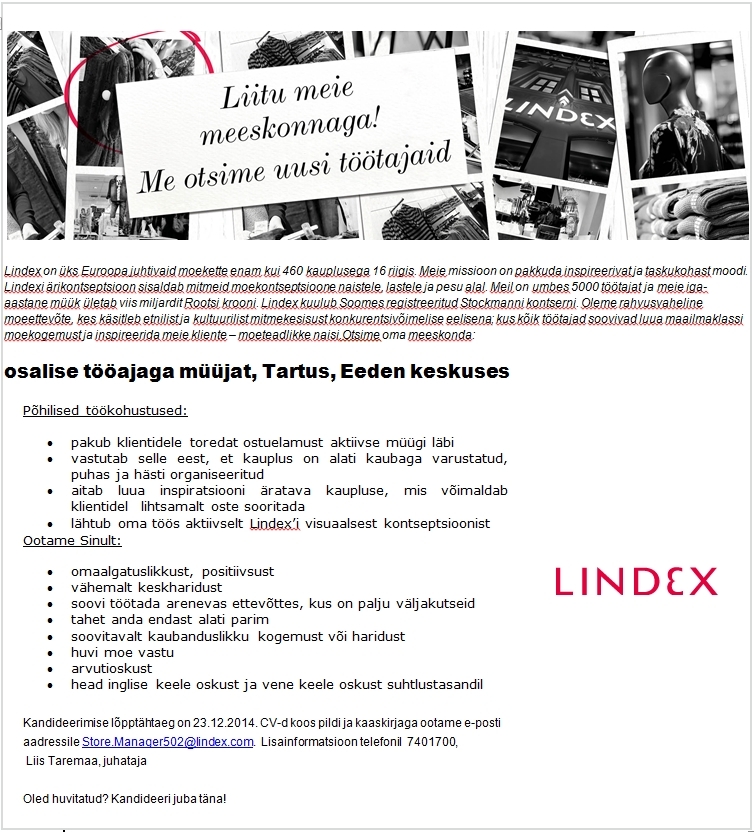 Lindex Eesti OÜ Lindex kaupluse osalise tööajaga müüja (Tartu, Edeni keskus)
