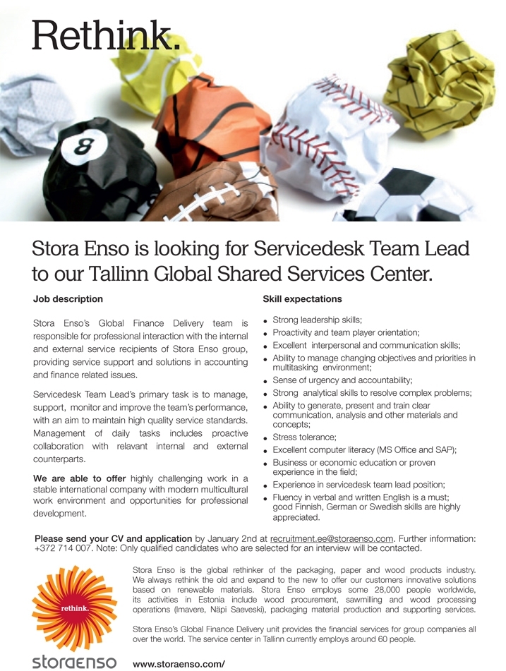 Stora Enso Eesti AS Servicedesk Team Lead