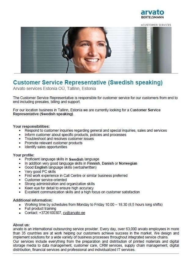 Arvato Services Estonia OÜ Swedish Speaking Customer Service Representative