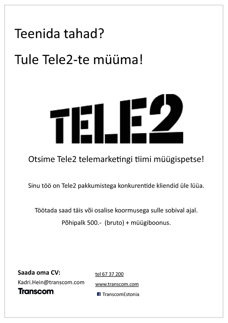 Transcom Eesti OÜ Tele2 telefonimüügi spetsialist