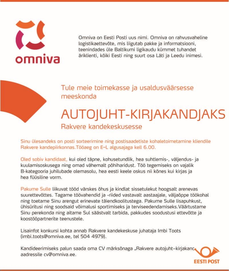 CVKeskus.ee klient Autojuht-Kirjakandja (Rakvere kandekeskus)