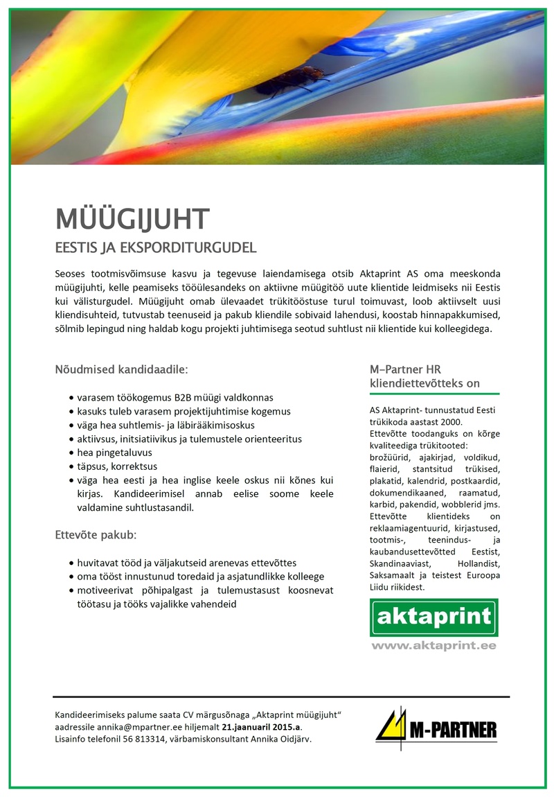 M-Partner HR OÜ Müügijuht (Eestis ja eksporditurgudel)