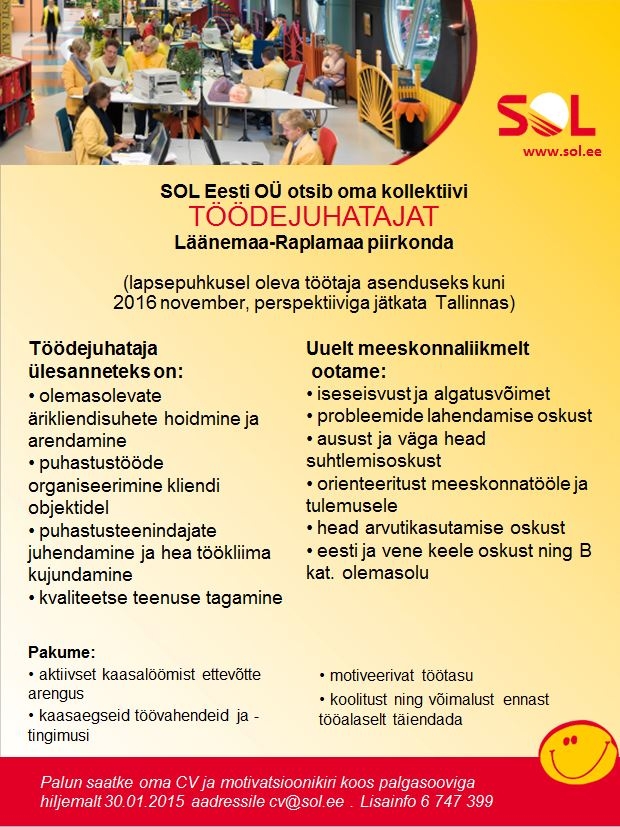 SOL Eesti OÜ Töödejuhataja (Läänemaa-Raplamaa)