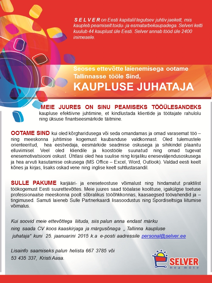 SELVER AS Kaupluse juhataja Tallinna Selveris