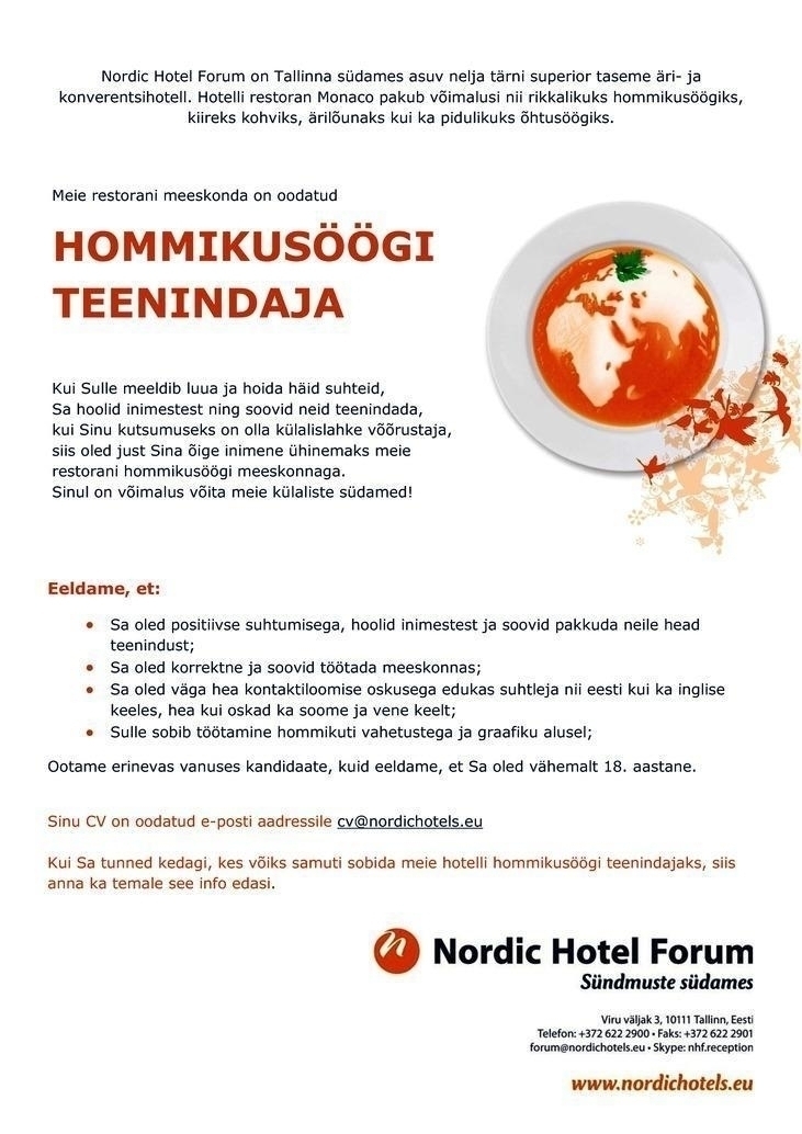 Nordic Hotels OÜ HOMMIKUSÖÖGI TEENINDAJA