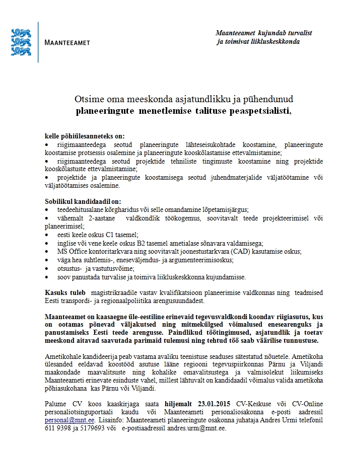 MAANTEEAMET Planeeringute menetlemise talituse peaspetsialist (Pärnu või Viljandi)