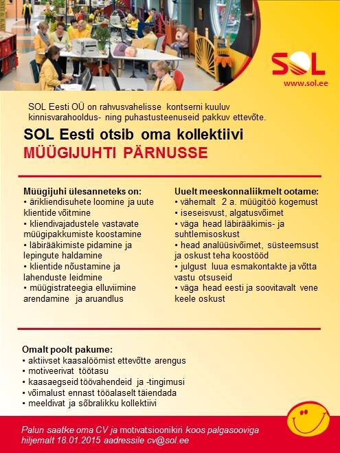 SOL Eesti OÜ Müügijuht Pärnusse