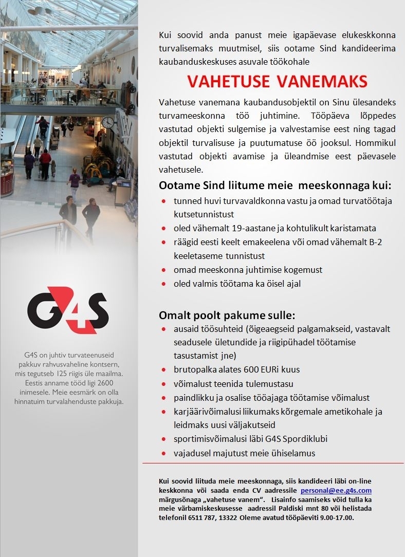 AS G4S Eesti Vahetusevanem kaubandusobjektil