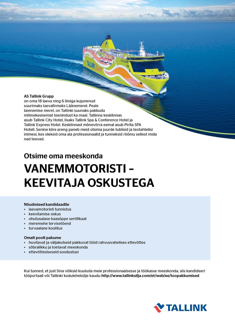 Tallink Grupp AS Vanemmotorist- keevitaja oskustega