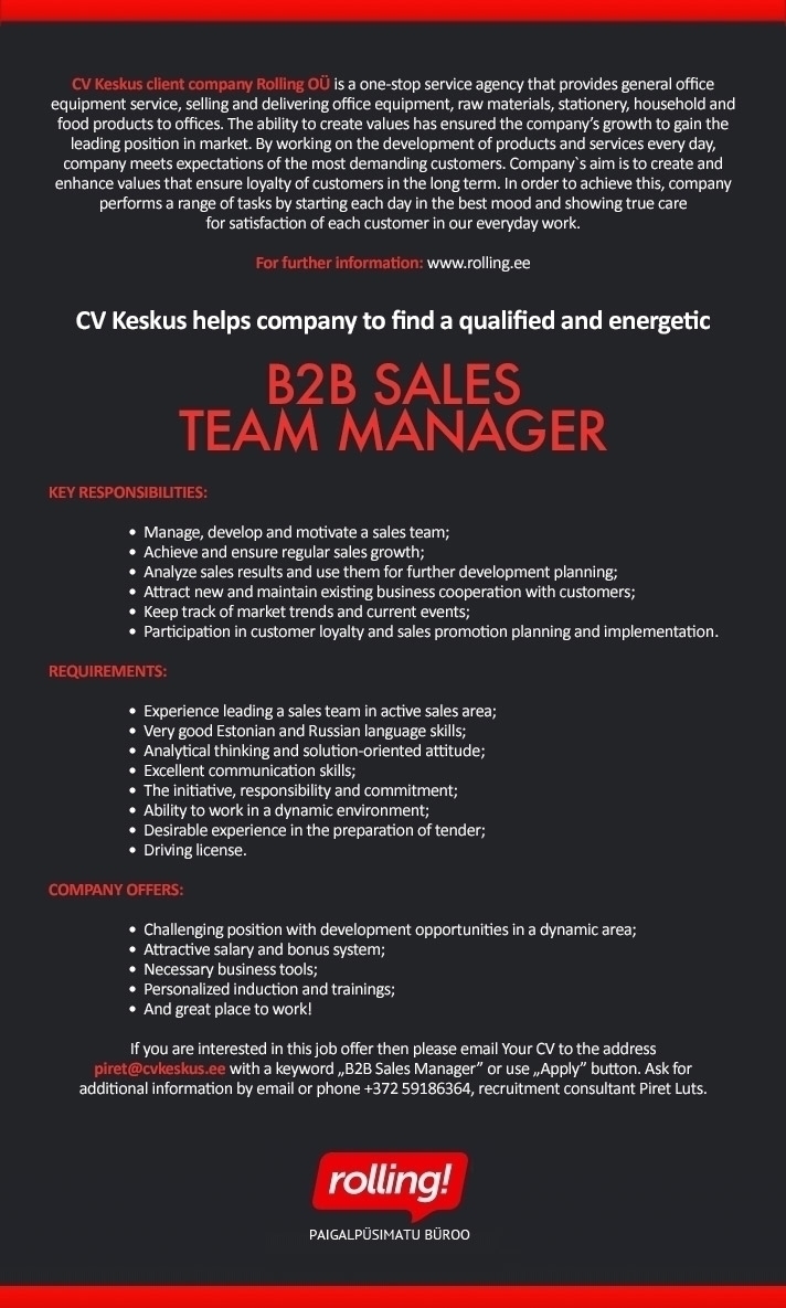 CV KESKUS OÜ Rolling is looking for B2B sales team manager