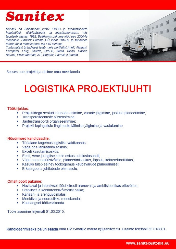 SANITEX ESTONIA OÜ Logistika projektijuht