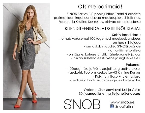 SNOB Baltics OÜ Klienditeenindaja/stiilinõustaja