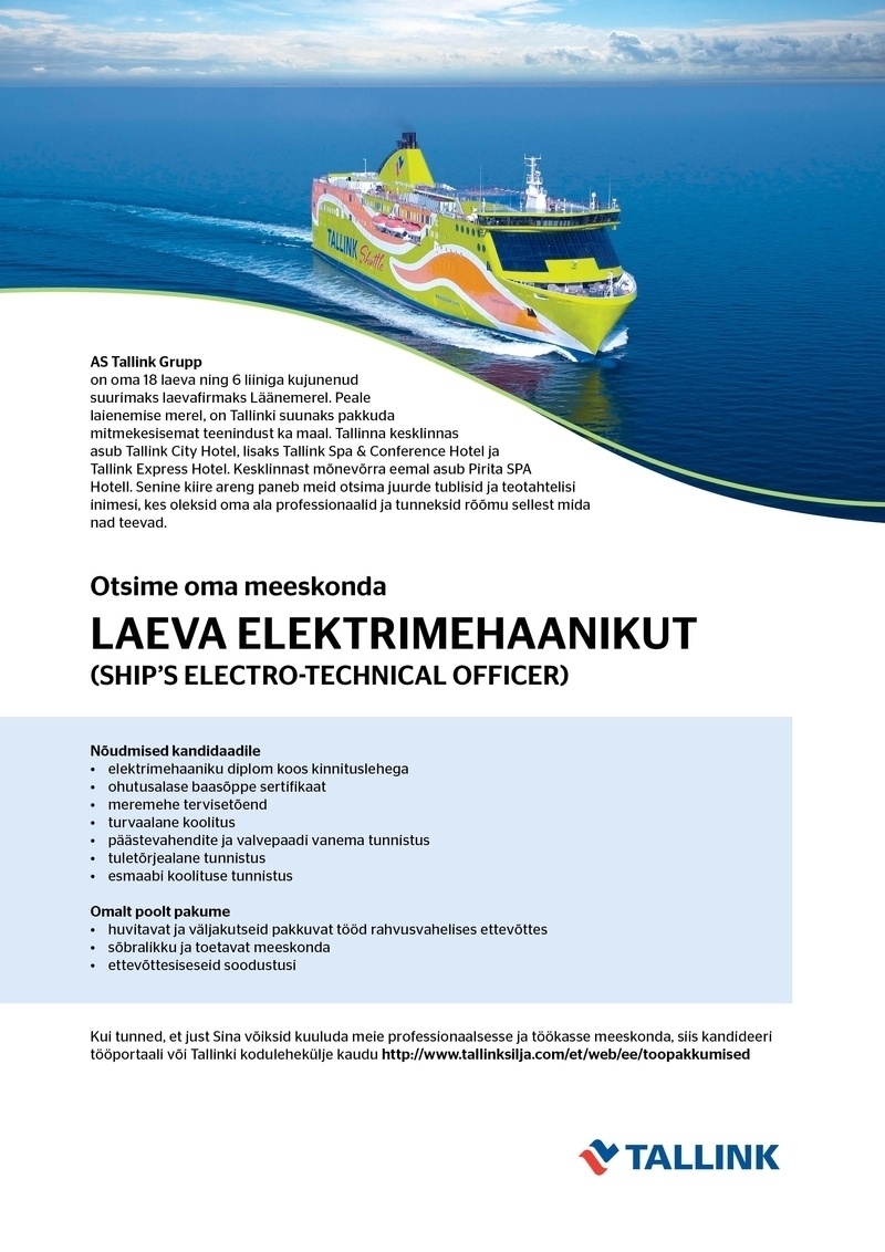 Tallink Grupp AS Laeva elektrimehaanik (Ship's Electro-technical Officer)