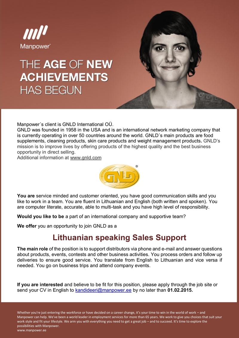 Manpower OÜ Lithuanian speaking Sales Support