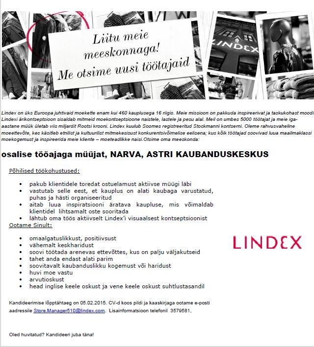 Lindex Eesti OÜ Lindex kaupluse osalise tööajaga müüja (Narva, Astri keskus)