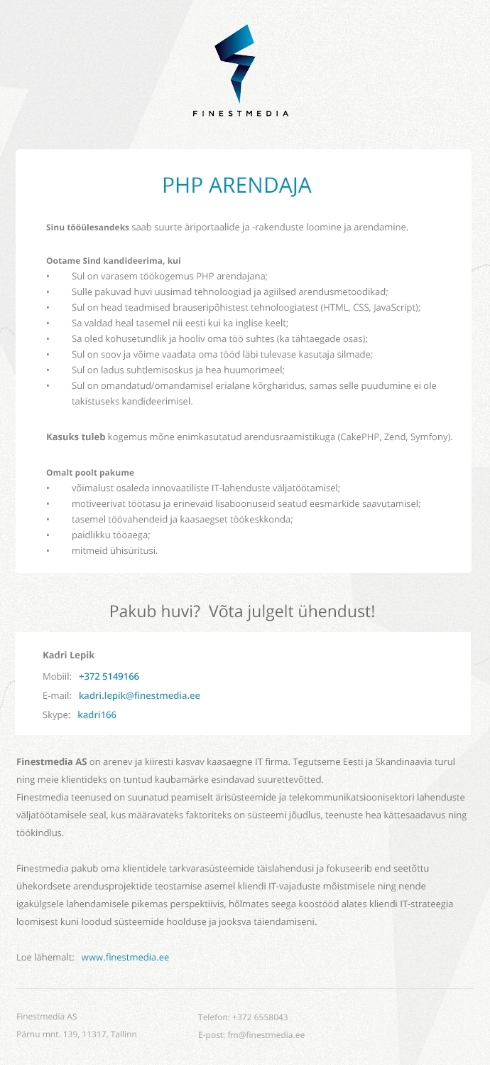 Finestmedia AS PHP arendaja