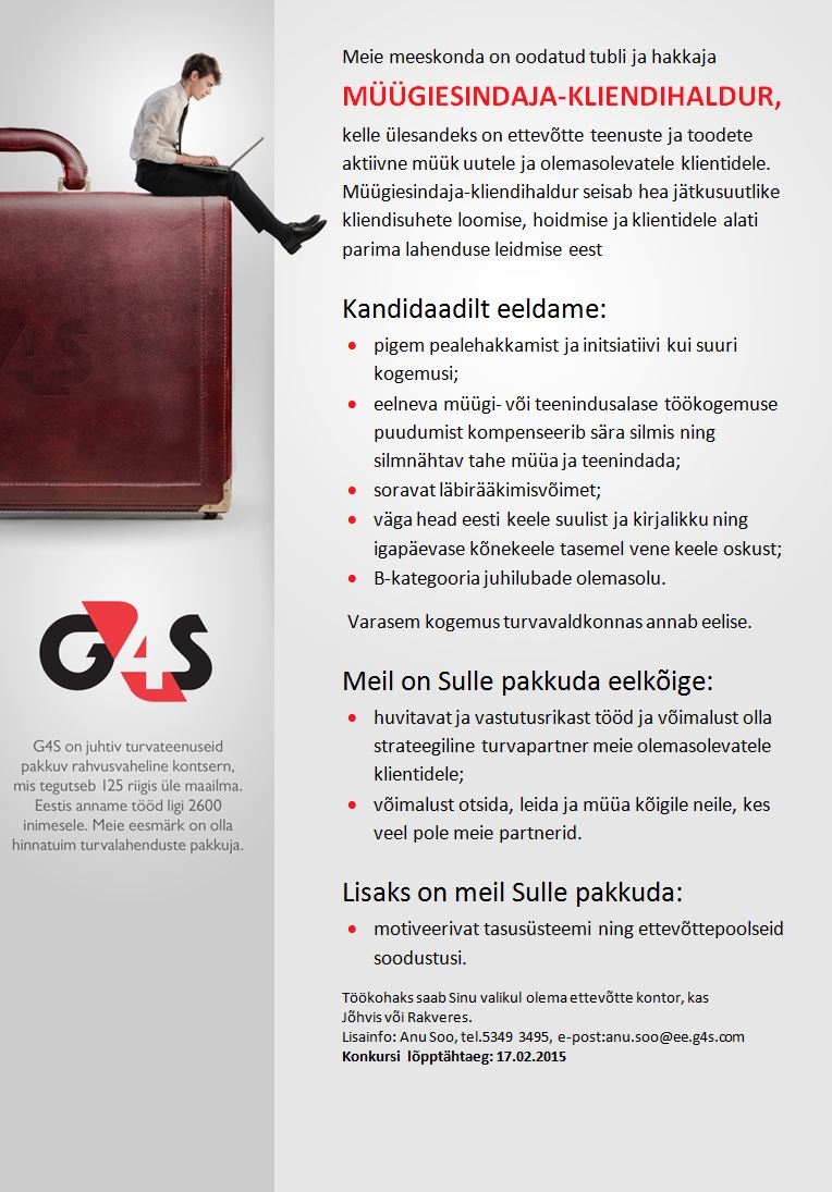 AS G4S Eesti Müügiesindaja-kliendihaldur