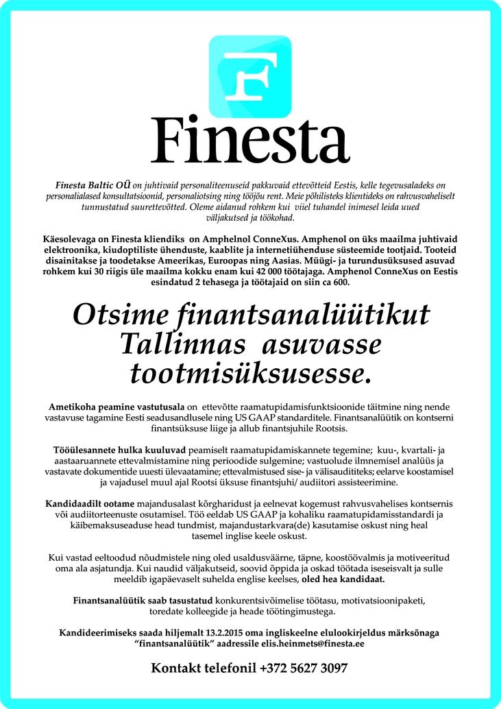 Finesta Baltic OÜ Finantsanalüütik