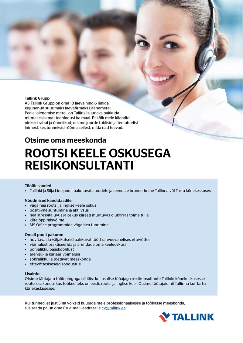 Tallink Grupp AS Rootsi keele oskusega reisikonsultant kõnekeskusesse