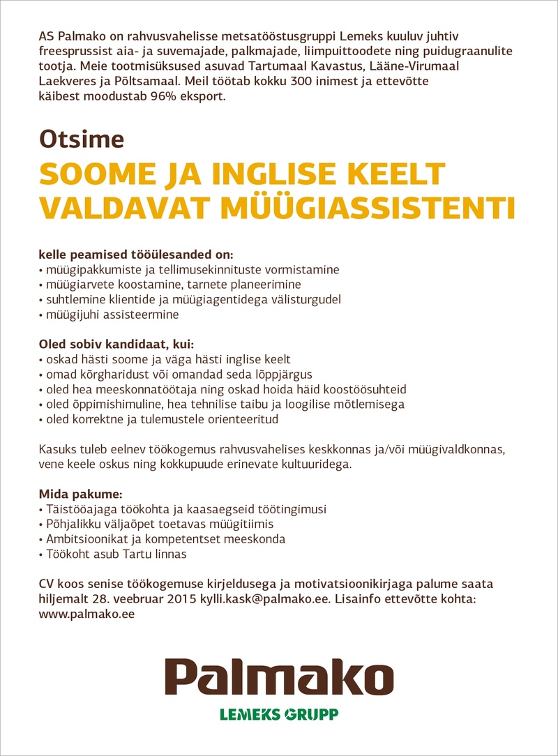 AS Palmako Soome ja inglise keelt valdav müügiassistent