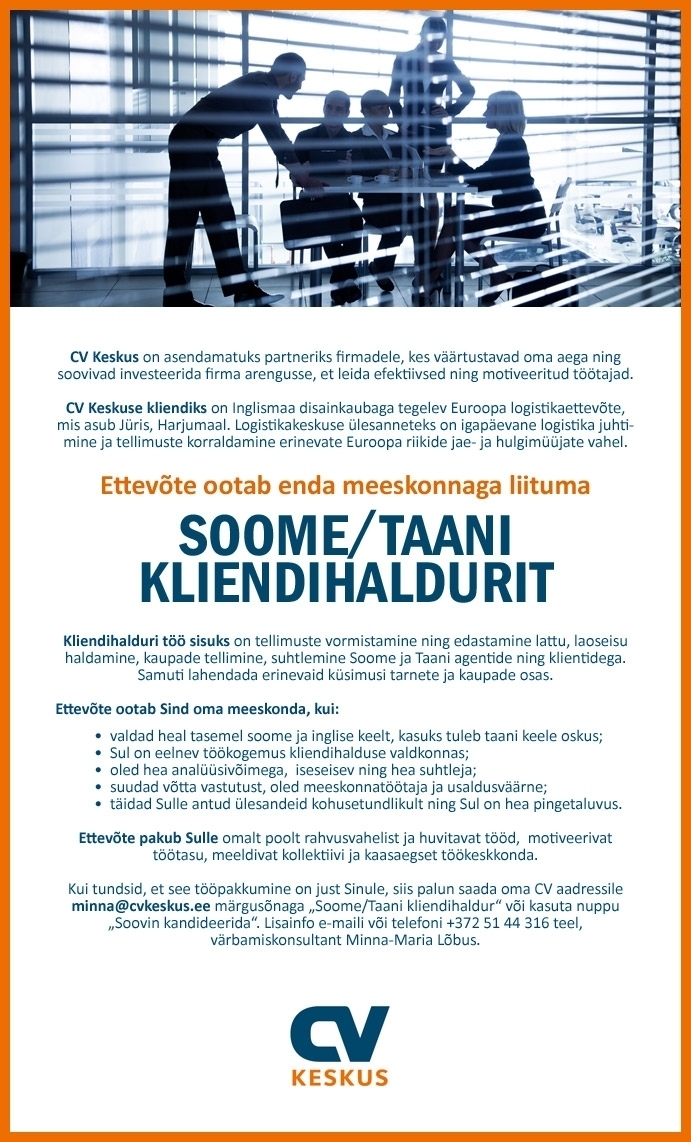 CV KESKUS OÜ CV Keskus otsib kliendile Soome/Taani kliendihaldurit