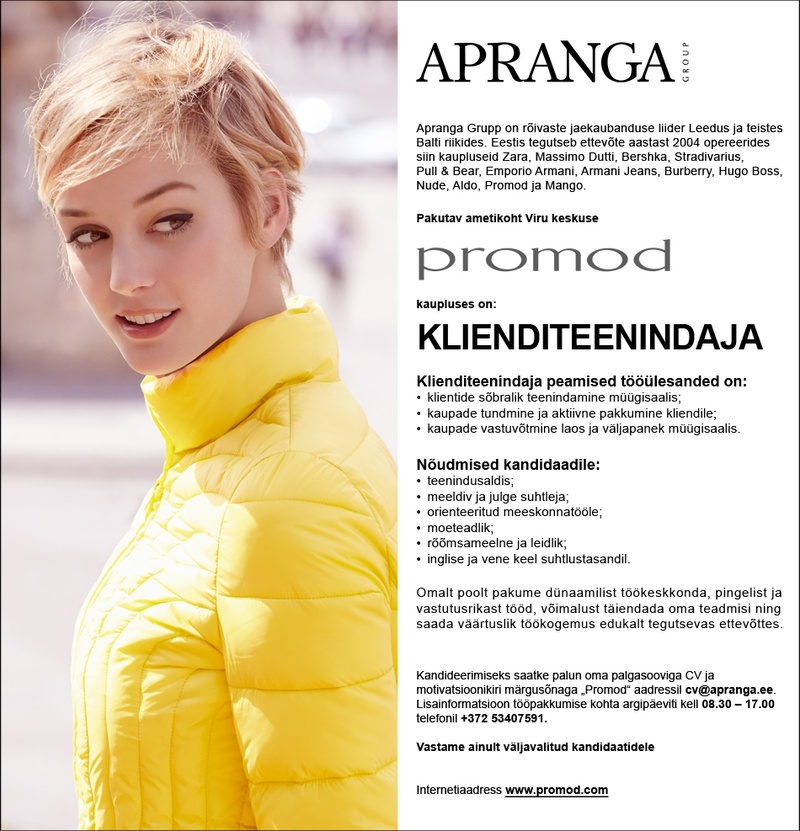 Apranga Estonia OÜ Kaupluse Promod klienditeenindaja