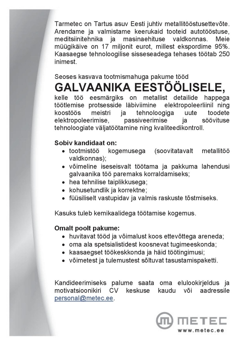 Tarmetec OÜ Galvaanika eestööline