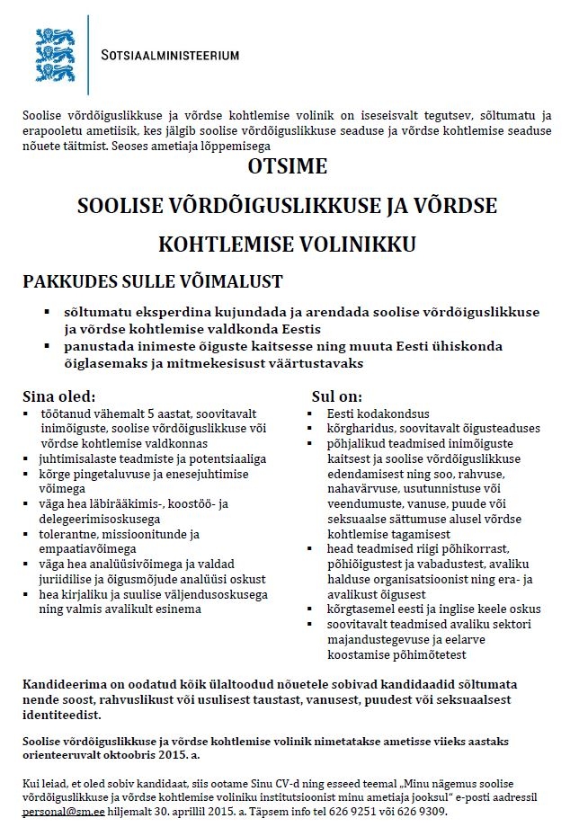 Sotsiaalministeerium SOOLISE VÕRDÕIGUSLIKKUSE JA VÕRDSE KOHTLEMISE VOLINIK