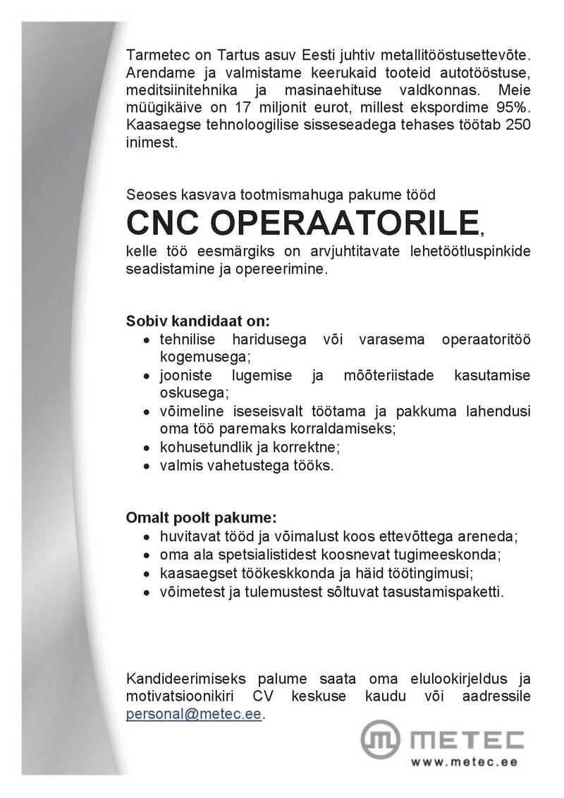 Tarmetec OÜ CNC operaator