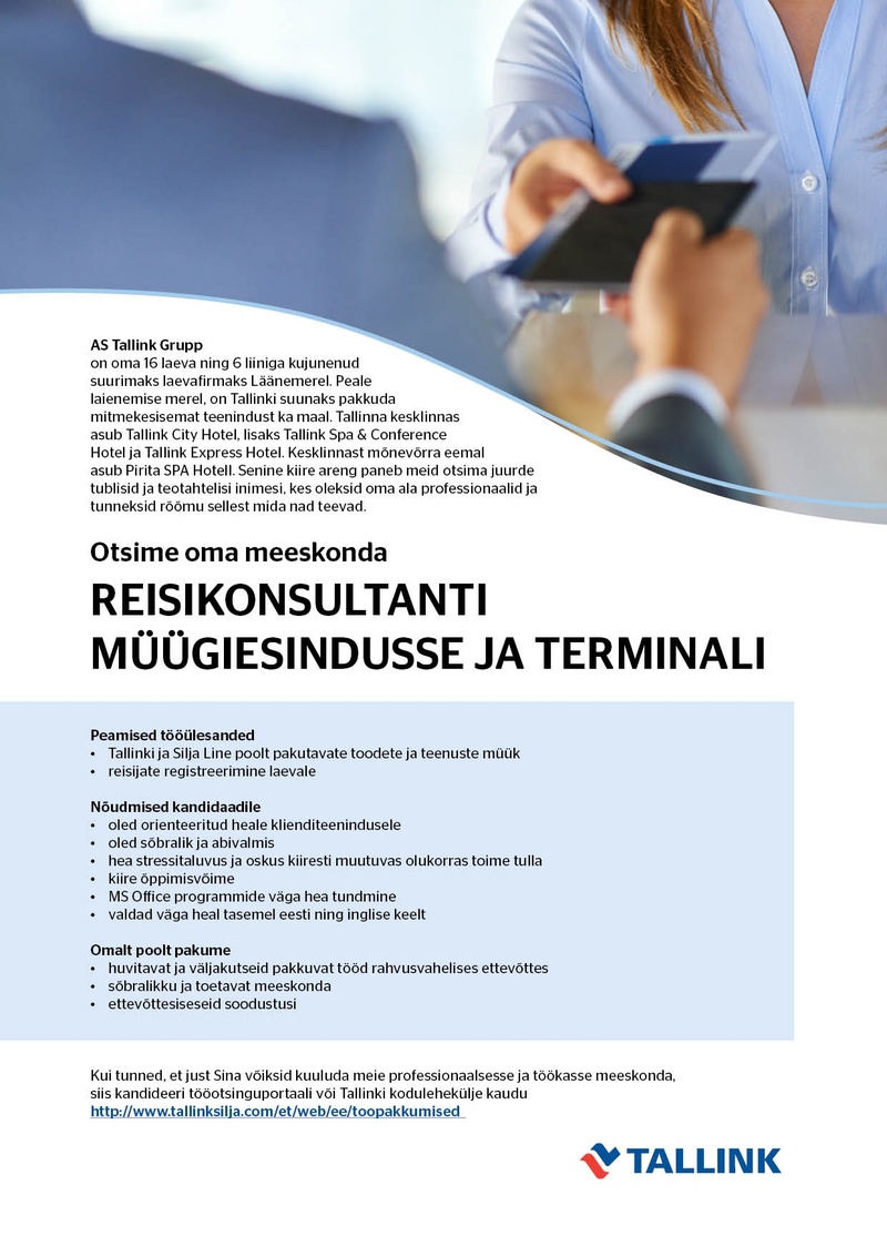 Tallink Grupp AS Reisikonsultant müügiesinduses ja terminalis suveperioodiks