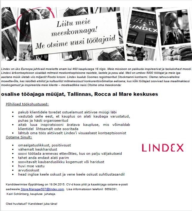 Lindex Eesti OÜ Lindex kaupluse osalise tööajaga müüja (Tallinn, Rocca al Mare)