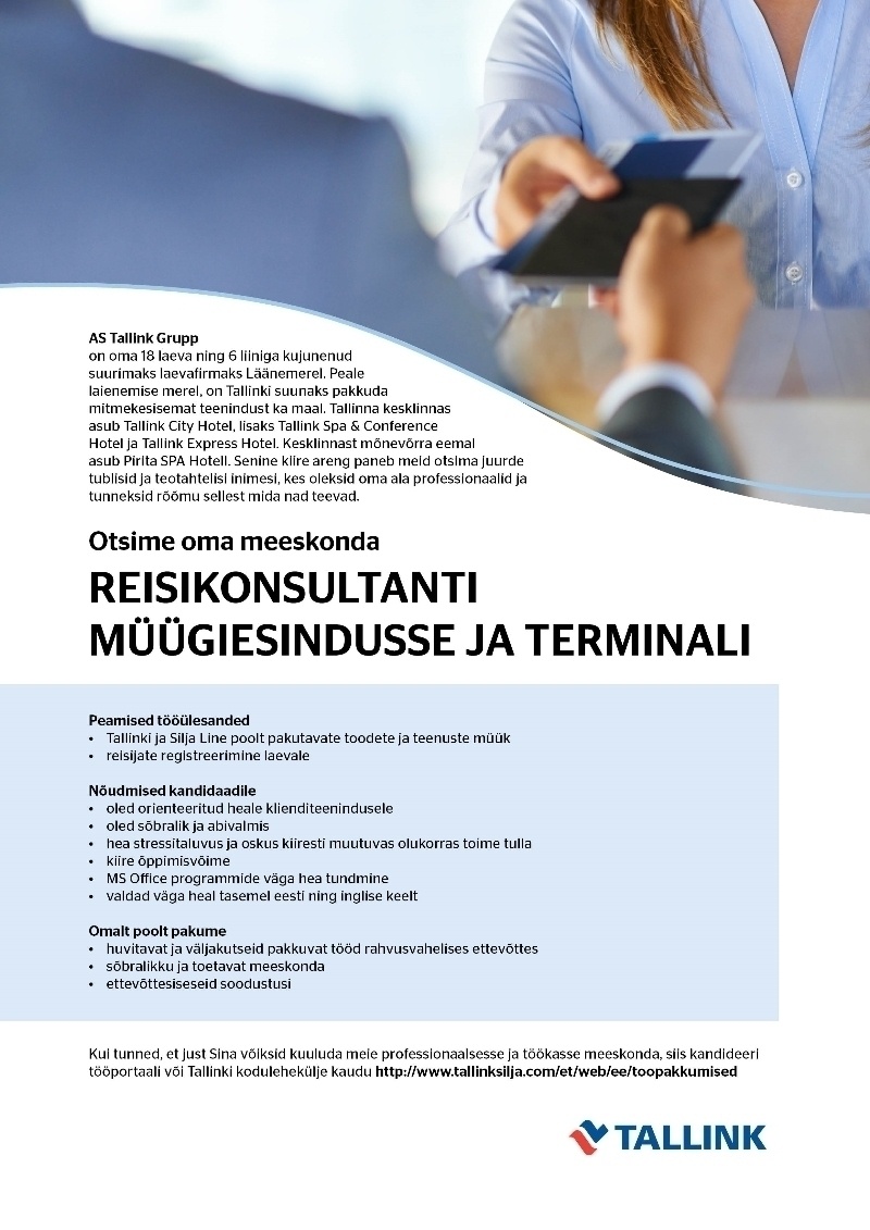 Tallink Grupp AS Reisikonsultant müügiesinduses ja terminalis
