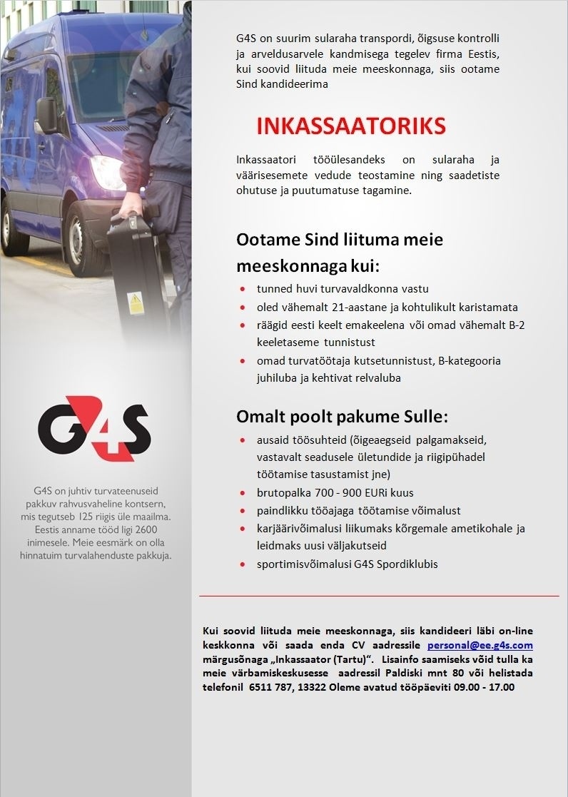 AS G4S Eesti Inkassaator-turvatöötaja (Tartu)