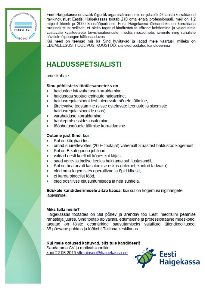 Eesti Haigekassa HALDUSSPETSIALIST
