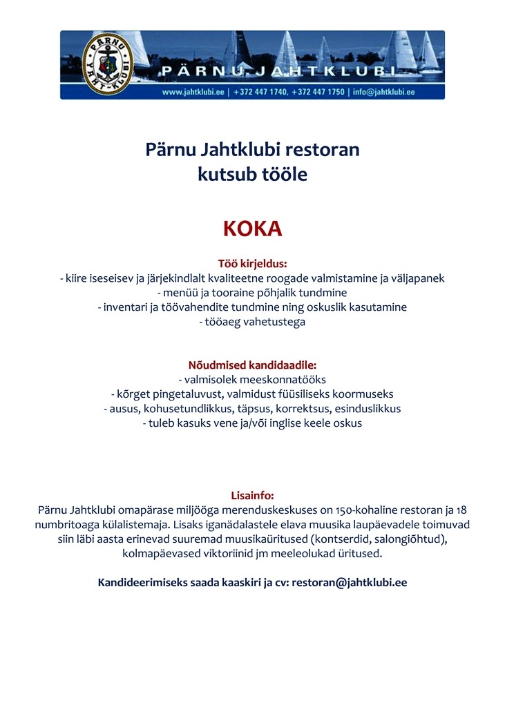 PJK Haldus OÜ (Pärnu Jahtklubi) Kokk