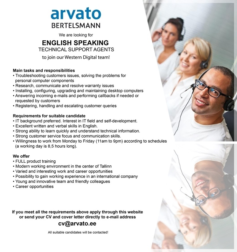 Arvato Services Estonia OÜ English speaking Technical Customer Support Agent 